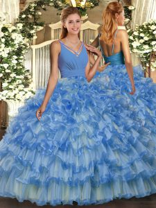 Ball Gowns Quinceanera Gown Blue V-neck Organza Sleeveless Floor Length Backless
