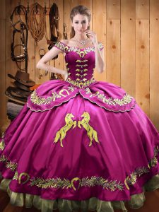 Nice Off The Shoulder Sleeveless Sweet 16 Dresses Floor Length Beading and Embroidery Fuchsia Satin and Organza