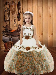 Straps Sleeveless Fabric With Rolling Flowers Kids Formal Wear Embroidery and Ruffles Lace Up