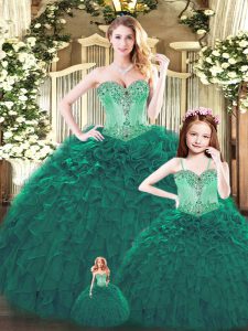 High Class Dark Green Sleeveless Beading and Ruffles Floor Length Quinceanera Gowns