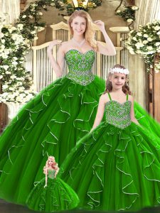 Sweetheart Sleeveless Tulle Ball Gown Prom Dress Beading and Ruffles Lace Up