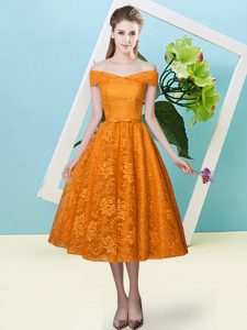 Customized Off The Shoulder Cap Sleeves Lace Up Quinceanera Court of Honor Dress Orange Red Lace