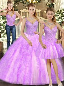 Trendy Straps Sleeveless Organza Quinceanera Gown Beading and Ruffles Lace Up