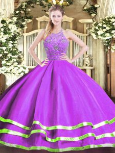 Great Eggplant Purple Ball Gowns Halter Top Sleeveless Tulle Floor Length Zipper Beading 15 Quinceanera Dress