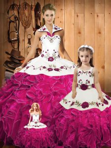 Modern Floor Length Fuchsia Quinceanera Dress Halter Top Sleeveless Lace Up
