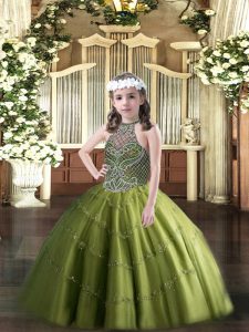 Olive Green Lace Up Halter Top Beading Child Pageant Dress Tulle Sleeveless