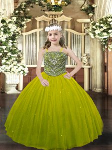Wonderful Olive Green Ball Gowns Straps Sleeveless Tulle Floor Length Lace Up Beading Pageant Dresses