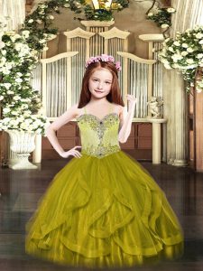 Popular Olive Green Custom Made Pageant Dress Party and Quinceanera with Beading and Ruffles Spaghetti Straps Sleeveless Lace Up
