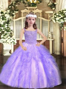 Lavender Ball Gowns Beading and Ruffles Pageant Dress Toddler Lace Up Tulle Sleeveless Floor Length