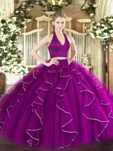Purple Two Pieces Halter Top Sleeveless Organza Floor Length Zipper Ruffles Quinceanera Dress