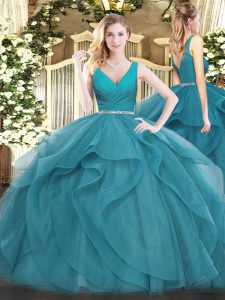 Beautiful V-neck Sleeveless Zipper Quinceanera Gown Teal Tulle