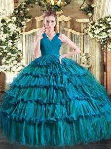 Floor Length Ball Gowns Sleeveless Teal Quinceanera Gowns Zipper