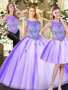 Lavender Sleeveless Beading Floor Length Ball Gown Prom Dress