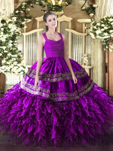 Fitting Floor Length Zipper Quinceanera Gowns Purple and In with Appliques and Ruffles
