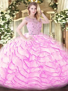 Sleeveless Tulle Sweep Train Zipper Sweet 16 Quinceanera Dress in Lilac with Beading and Ruffled Layers