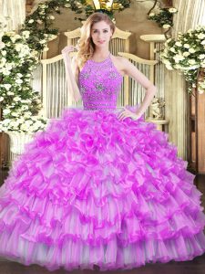 Floor Length Zipper Ball Gown Prom Dress Lilac for Military Ball and Sweet 16 and Quinceanera with Beading and Ruffled Layers