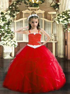 Floor Length Lace Up Child Pageant Dress Red for Party and Quinceanera with Appliques and Ruffles