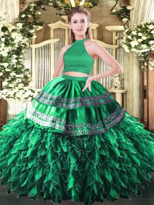 Enchanting Floor Length Dark Green Sweet 16 Dress Satin and Organza Sleeveless Beading and Embroidery and Ruffles