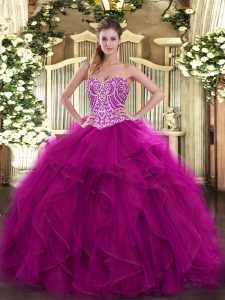 Fantastic Fuchsia Ball Gowns Beading and Ruffles Ball Gown Prom Dress Lace Up Organza Sleeveless Floor Length
