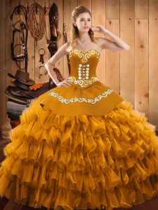 Ball Gowns Vestidos de Quinceanera Gold Sweetheart Satin and Organza Sleeveless Floor Length Lace Up