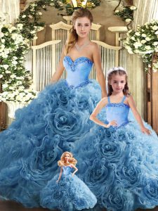 Fabric With Rolling Flowers Sweetheart Sleeveless Lace Up Beading Quinceanera Dresses in Teal