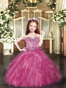 Hot Pink Tulle Lace Up Pageant Dress Womens Sleeveless Floor Length Beading and Ruffles