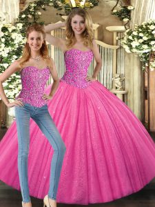 Hot Pink Sweetheart Lace Up Beading Quinceanera Gowns Sleeveless