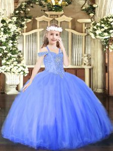 Blue Sleeveless Beading Floor Length Evening Gowns