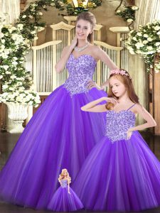 Artistic Purple Sleeveless Floor Length Beading Lace Up Quinceanera Dress