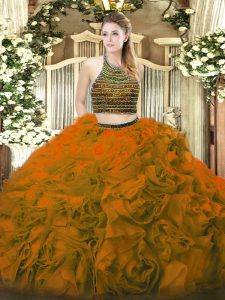 New Arrival Brown Tulle Lace Up Halter Top Sleeveless Floor Length 15th Birthday Dress Beading and Ruffles