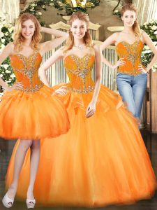 Free and Easy Orange Red Organza Lace Up Sweetheart Sleeveless Floor Length Sweet 16 Dress Beading and Ruffles