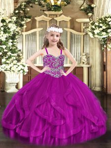 Latest Fuchsia Sleeveless Floor Length Beading and Ruffles Lace Up Pageant Dress for Teens