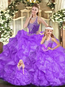 Sleeveless Lace Up Floor Length Beading and Ruffles Quinceanera Dress