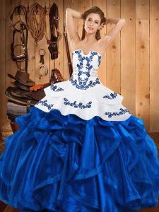 Floor Length Blue Quinceanera Gowns Satin and Organza Sleeveless Embroidery and Ruffles