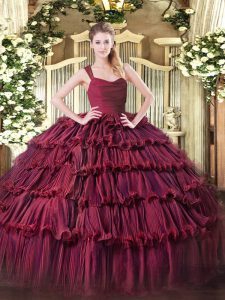 Burgundy Organza Zipper Straps Sleeveless Floor Length Vestidos de Quinceanera Ruffled Layers