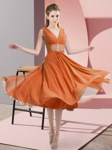 Rust Red Quinceanera Court of Honor Dress Prom and Party and Wedding Party with Beading V-neck Sleeveless Side Zipper