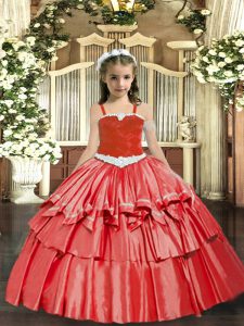 Unique Straps Sleeveless Little Girls Pageant Dress Wholesale Floor Length Appliques and Ruffled Layers Coral Red Organza