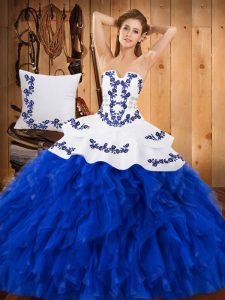 Sleeveless Satin and Organza Floor Length Lace Up Quinceanera Dresses in Blue And White with Embroidery and Ruffles