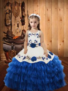 Blue Ball Gowns Straps Sleeveless Organza Floor Length Lace Up Embroidery and Ruffles Pageant Dress for Teens