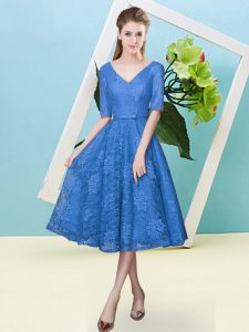 Bowknot Quinceanera Court of Honor Dress Blue Lace Up Half Sleeves Tea Length