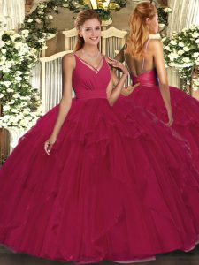 Top Selling Organza V-neck Sleeveless Backless Ruffles Quinceanera Gowns in Hot Pink