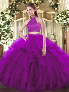 Halter Top Sleeveless 15th Birthday Dress Floor Length Beading and Ruffles Purple Tulle