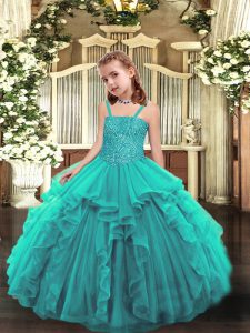 Sleeveless Lace Up Floor Length Beading and Ruffles Kids Pageant Dress