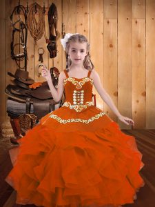 Amazing Orange Red Straps Lace Up Embroidery and Ruffles Pageant Dresses Sleeveless