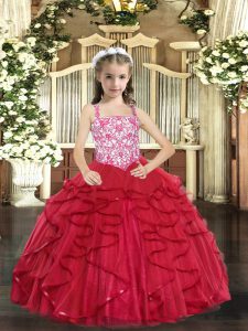 Coral Red Lace Up Custom Made Pageant Dress Beading and Ruffles Sleeveless Floor Length