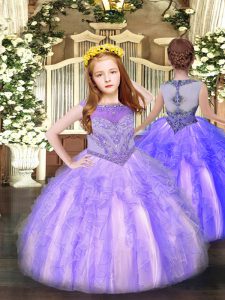 Beading and Ruffles Kids Pageant Dress Lavender Zipper Sleeveless Floor Length