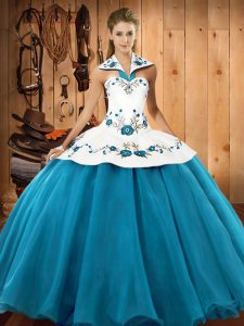 Floor Length Teal Quince Ball Gowns Halter Top Sleeveless Lace Up