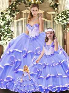 Lavender Tulle Lace Up 15 Quinceanera Dress Sleeveless Floor Length Beading and Ruffled Layers