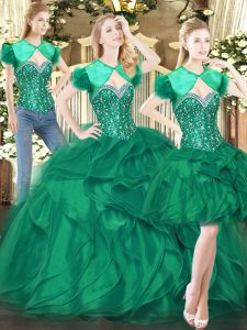 Floor Length Dark Green Quinceanera Gowns Tulle Sleeveless Beading and Ruffles