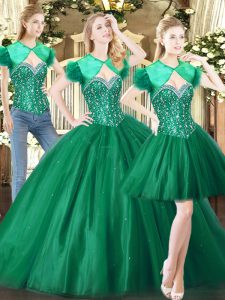 Green Lace Up Sweetheart Beading 15 Quinceanera Dress Tulle Sleeveless